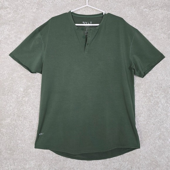 BYLT Mens Drop Cut Henley Shirt XL Green Short‎ Sleeve Pullover Stretch Gym - Picture 1 of 10